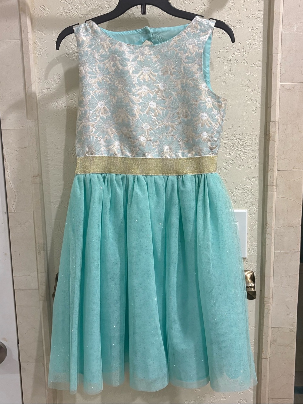 Aqua and Gold Floral Bodice Tulle Party Dress